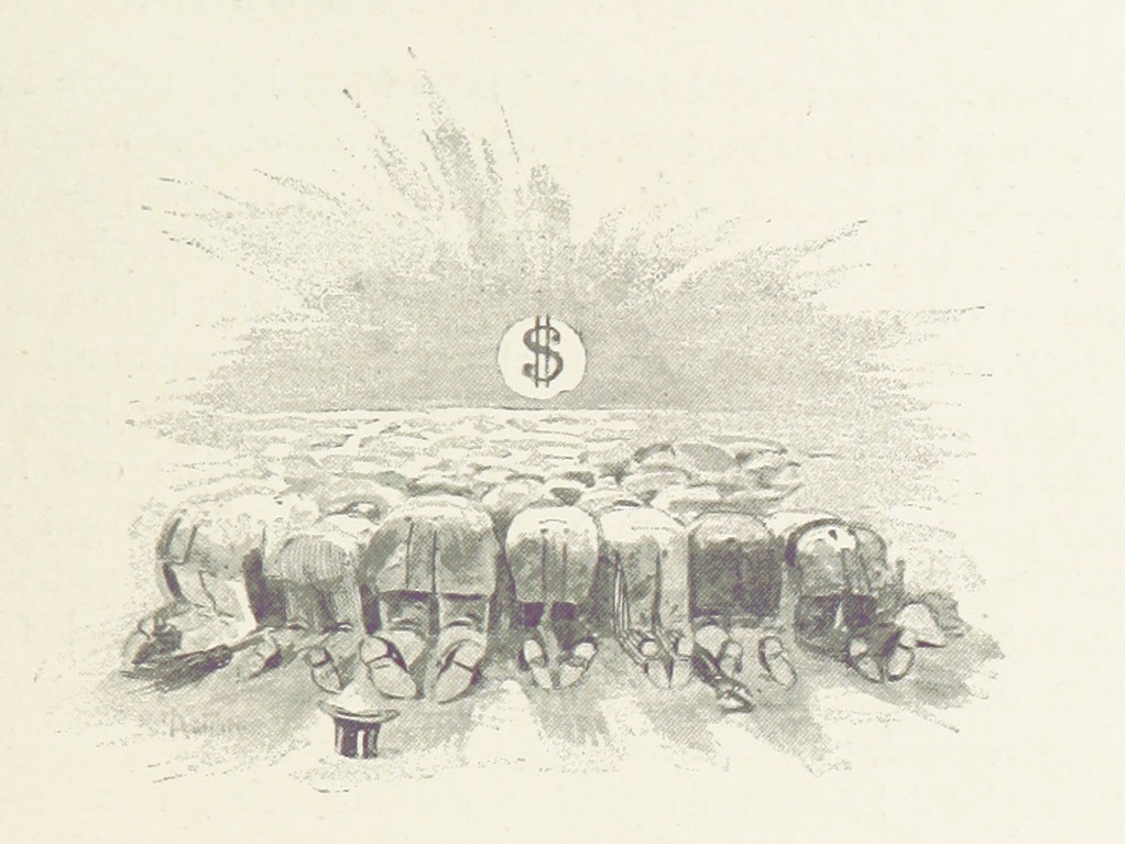 Archive illustration showing the worship of the dollar as if it is the sun. Money is valued over anything else in the world